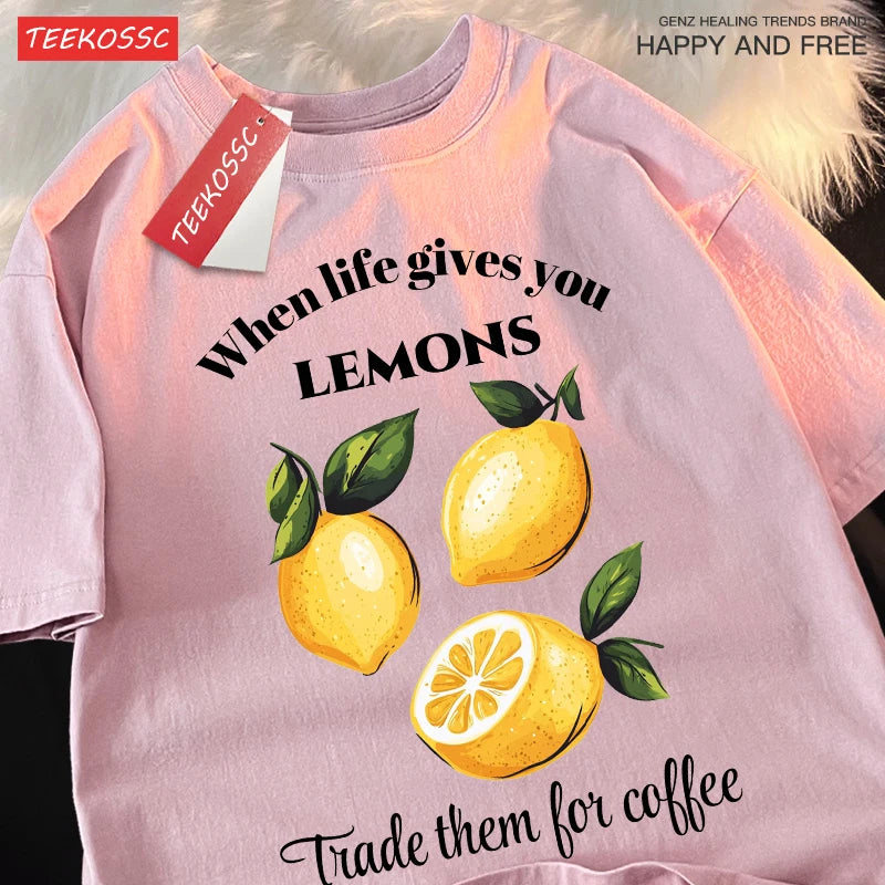 Cuando la vida te donne limones comerciamos tiene café impresiones Retro mujer Camiseta de algodón de moda ropa de Hip Hop suelta Unisex Top
