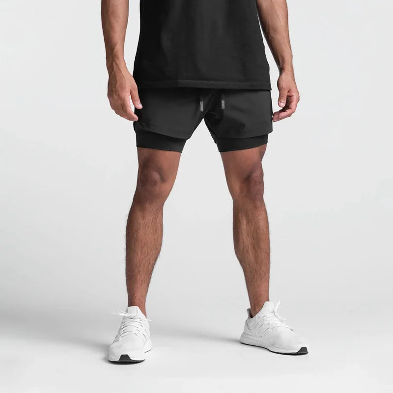 2025 nuevos pantalones cortos deportivos transpirables de doble capa gimnasios Fitness culturismo entrenamiento playa de secado rápido 2 en 1 pantalones cortos para correr para hombre