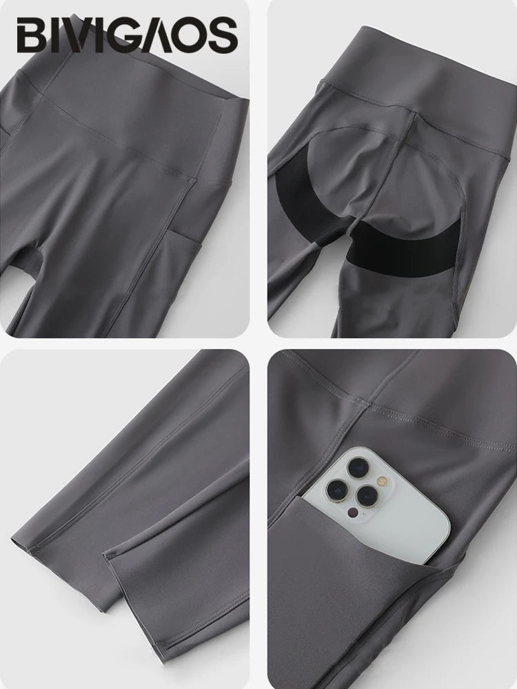 BIVIGAOS, pantalones cortos de verano con bolsillo para Yoga de piel de tiburón para bicicleta, pantalones cortos finos de cintura alta con realce, sensación desnuda, pantalones cortos deportivos para ciclismo y Fitness