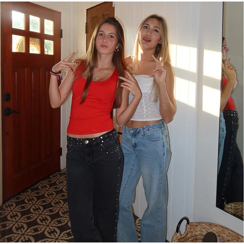 Pantalones vaqueros elegantes con decoración de perlas para mujer, pantalones de pierna ancha de cintura alta, ropa de calle nueva de moda, pantalones de lujo 2025