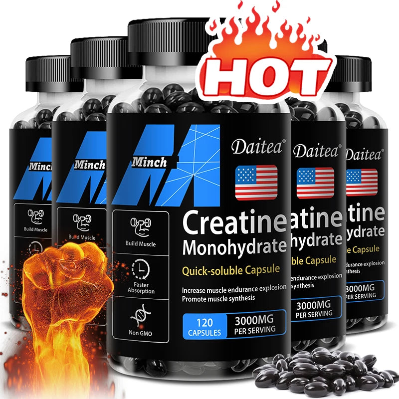 Monohidrato de creatina: promueve la masa muscular, la fuerza muscular y el rendimiento atlético, 30/60/120 cápsulas, sin OGM, sin gluten