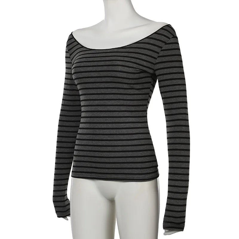 Lamuusaa Grunge Top y2k ropa mujer Cybercore rayas fuera del hombro Camiseta de manga larga 2000s ropa gótica ropa de calle de otoño