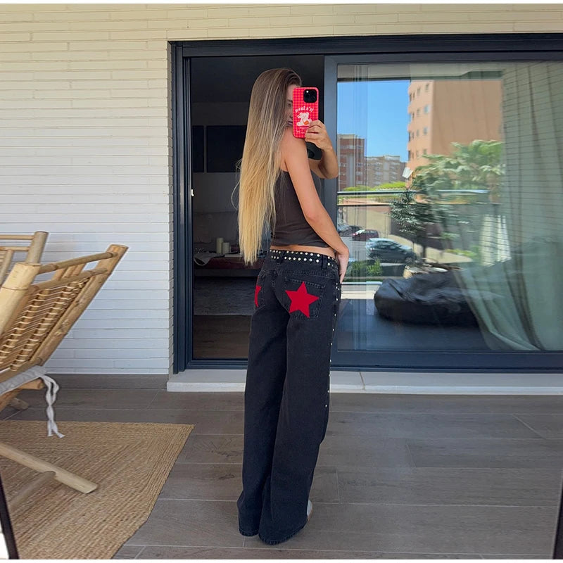 Pantalones vaqueros elegantes con decoración de perlas para mujer, pantalones de pierna ancha de cintura alta, ropa de calle nueva de moda, pantalones de lujo 2025