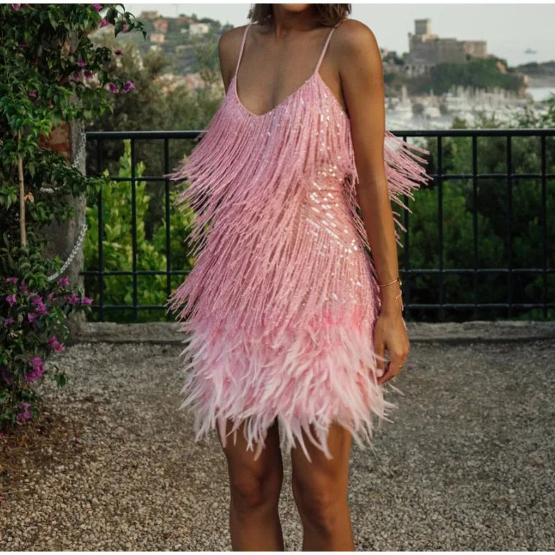 2025 nuevo Sexy borla lentejuelas pluma Mini vestido mujeres Spaghetti Strap costura vestidos mujer elegante vestido de fiesta de noche Club