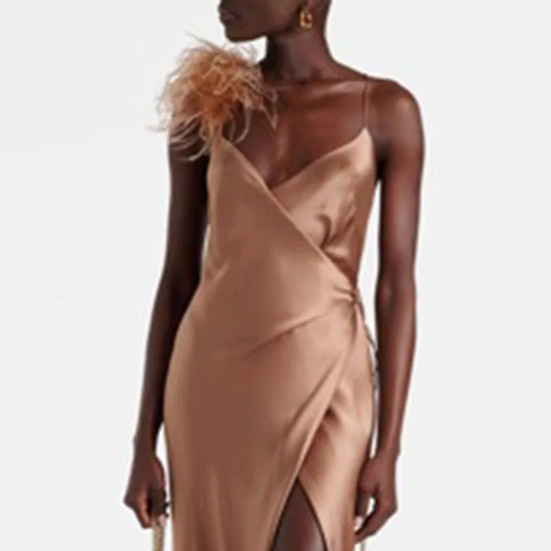 Vestidos de Fiesta de Satén con Cuello en V y Cintura Cruzada, Elegantes Vestidos Largos de Satén con Abertura Alta para Mujer, Vestidos Maxi Huecos sin Espalda para Primavera y Verano