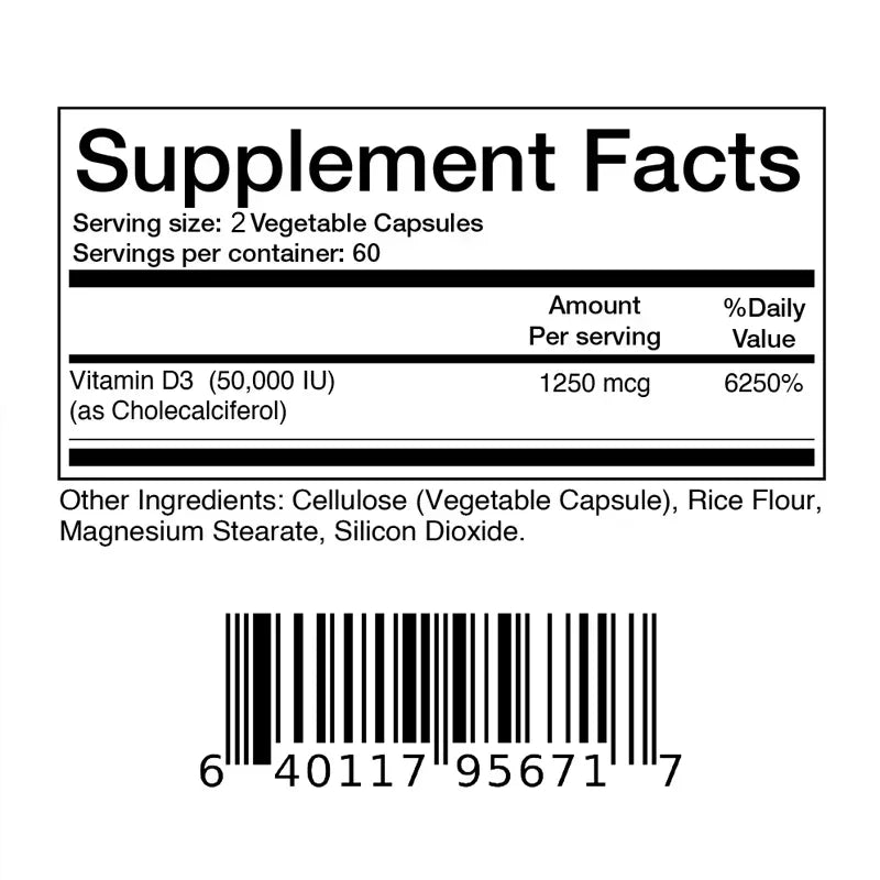 Vitamina D3 50000IU: salud muscular, huesos fuertes y salud del sistema nervioso, apoyo a la inmune