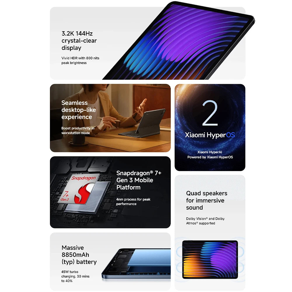 Versión Globel Xiaomi Pad 7 Snapdragon 7+ Gen 3 Plataforma móvil Batería de 8850 mAh Pantalla de 3,2 K 144 Hz Pantalla de 11,2 pulgadas Altavoces cuádruples Tablet 45W carga turbo Dolby Visione Xiaomi HyperAI Alimentado p