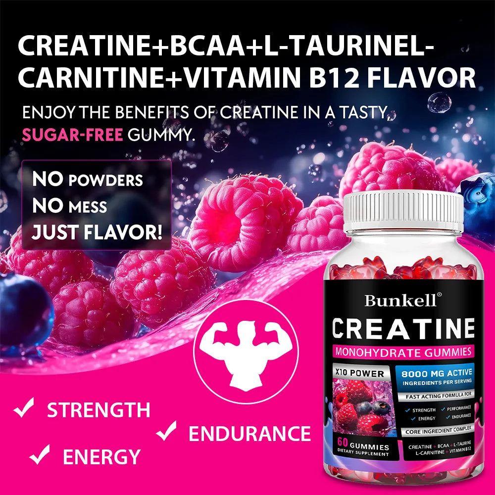 Gomitas monohidratadas de creatina: 8000 mg, pre/poste de entrenamiento, fitness, fuerza, desarrollo muscular, proporcionan suplementos energéticos