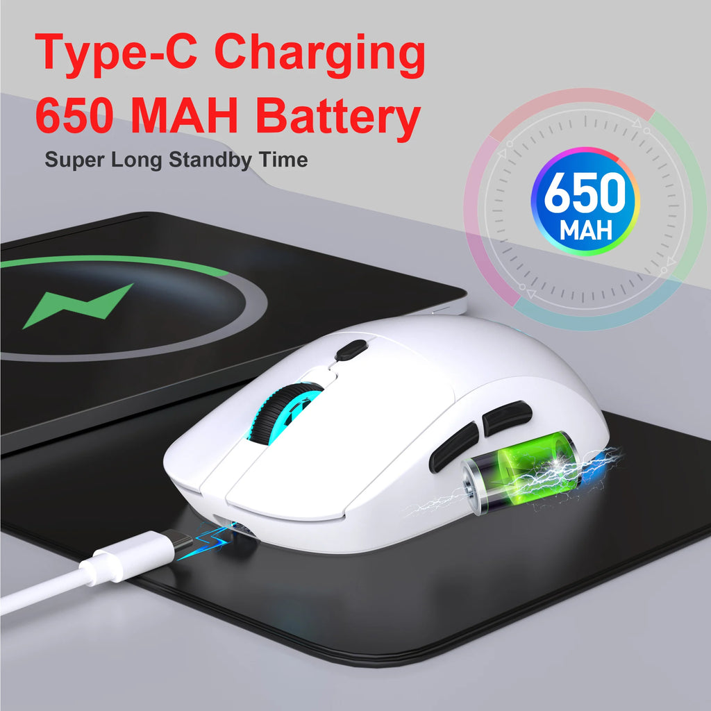 Ratón Inalámbrico Recargable de 2.4G, 650mAh, Ajustable a 3600DPI, Iluminación RGB de 7 Colores, Ergonómico y Silencioso para Oficina, Portátil, PC y Juegos