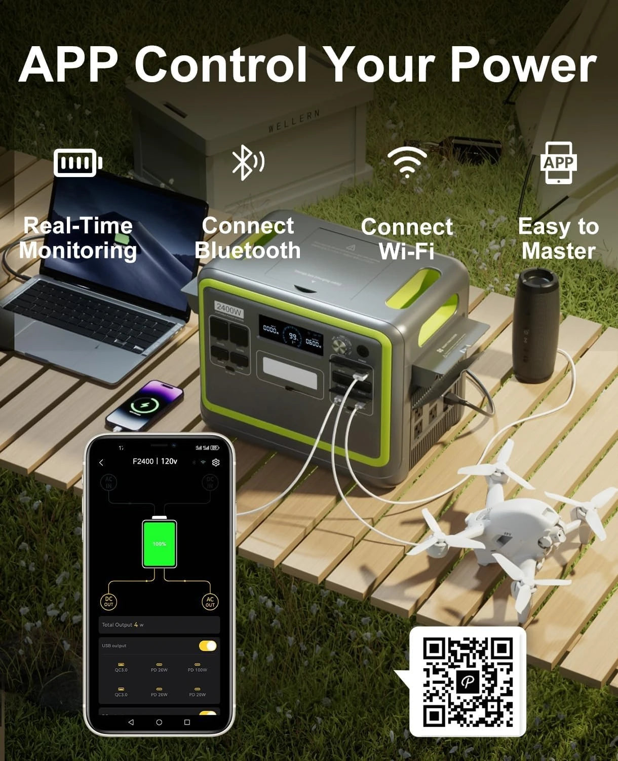 Estación de Energía Portátil F2400 de 2400W (4800W Pico), Generador Solar con Batería LiFePO4 de 2048Wh, 1100W CA y 500W Solar, Personalizable