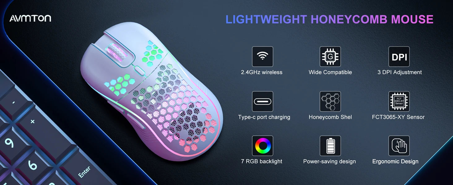 Ratón inalámbrico 2,4G con retroiluminación RGB, 6 botones, 3 velocidades, DPI tipo C, recargable, ergonómico, diseño de panal, ratón para juegos