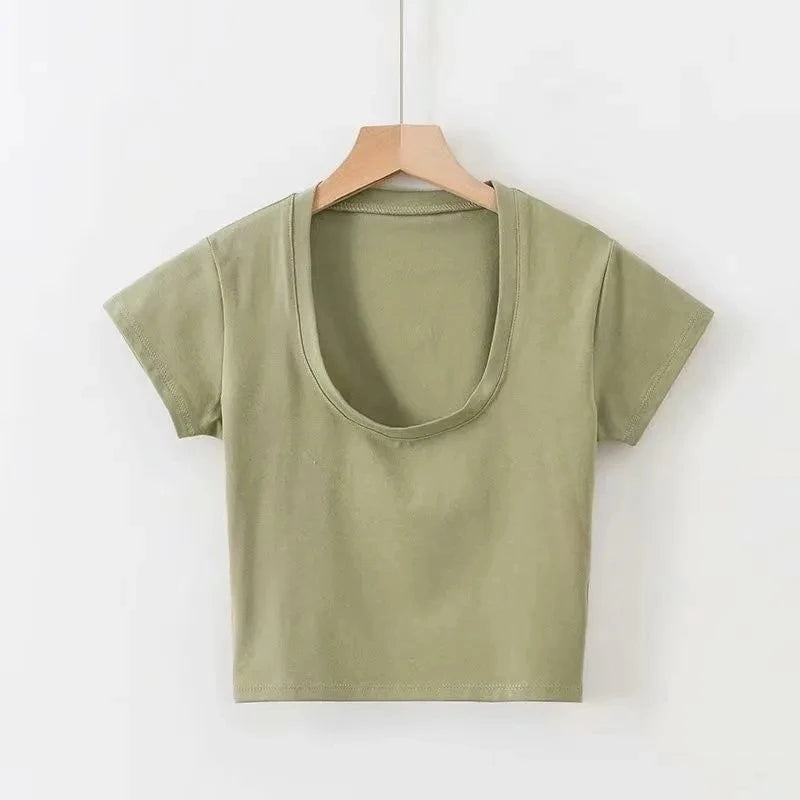 Camisetas sexis de verano para mujer, ropa ajustada elástica, camisetas de manga corta con cuello en U para mujer, Top corto Streetwea