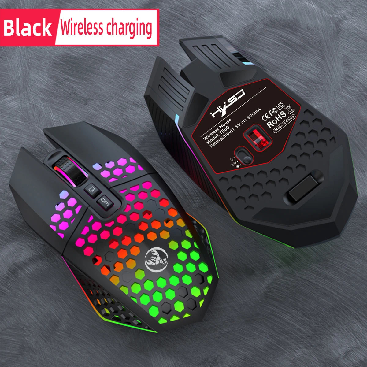 Ratón inalámbrico para juegos: diseño ergonómico con iluminación RGB, carga USB tipo C, carcasa de panal, diestro, precisión óptica