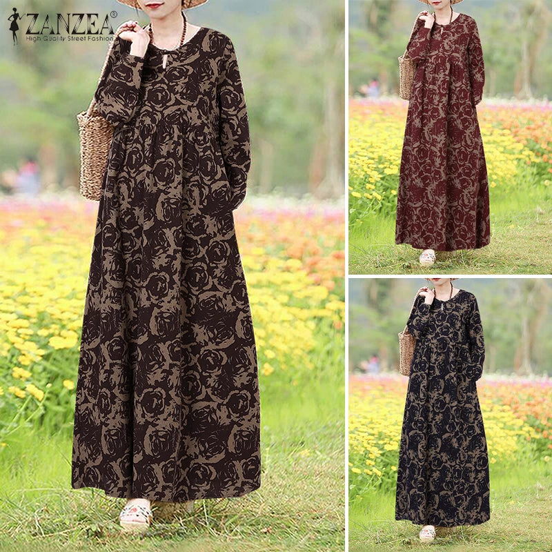 Vestido Floral Vintage mujer 2025 ZANZEA otoño Vestidos largos bohemios Casual manga larga Maxi Vestidos bata suelta Mujer de gran tamaño