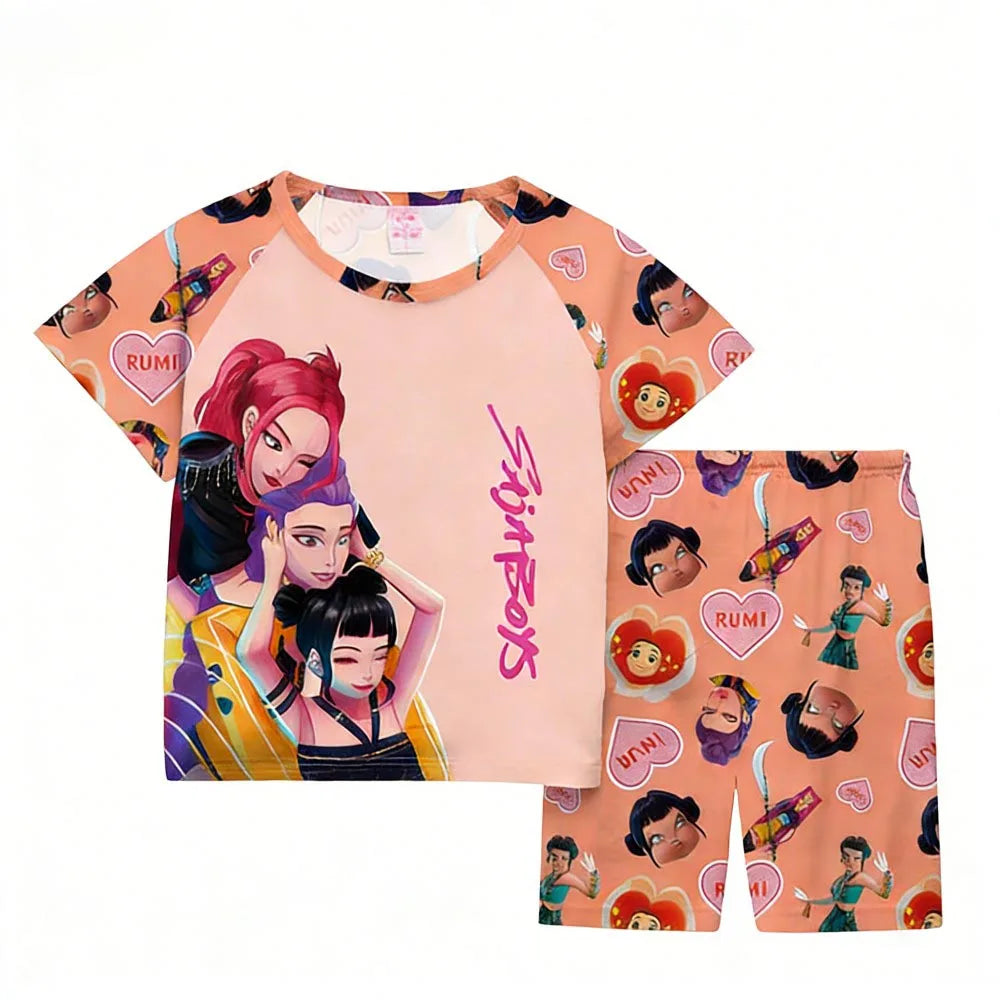 Conjuntos de pijamas para niñas, pijamas de verano para niños pequeños de 3 a 8, 10, 11 y 12 años, Kpop Demon Hunters, camisetas y pantalones cortos, conjunto de pijamas de dos piezas