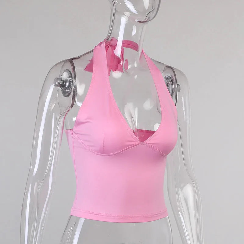 Camiseta sin mangas con cuello en V para mujer, Top Sexy con espalda descubierta, rosa, corsé