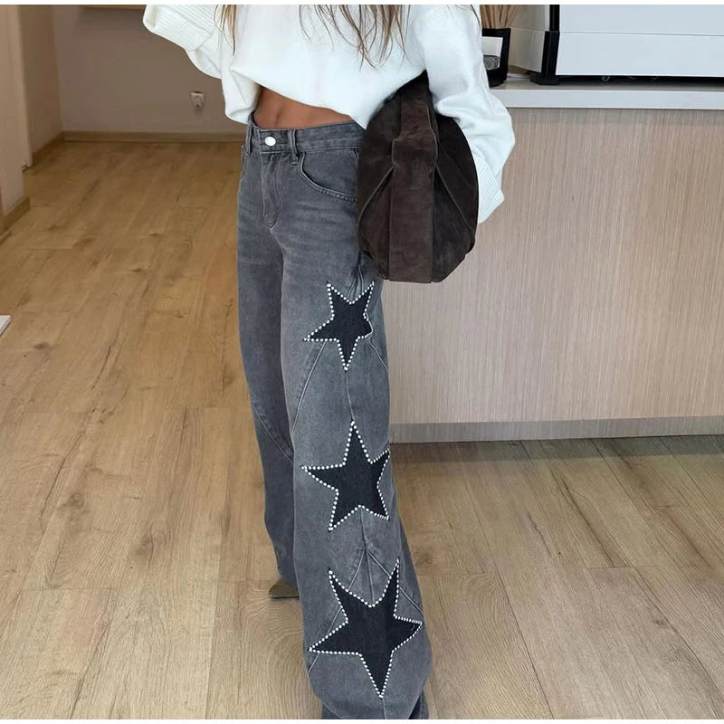 Pantalones vaqueros elegantes con decoración de perlas para mujer, pantalones de pierna ancha de cintura alta, ropa de calle nueva de moda, pantalones de lujo 2025