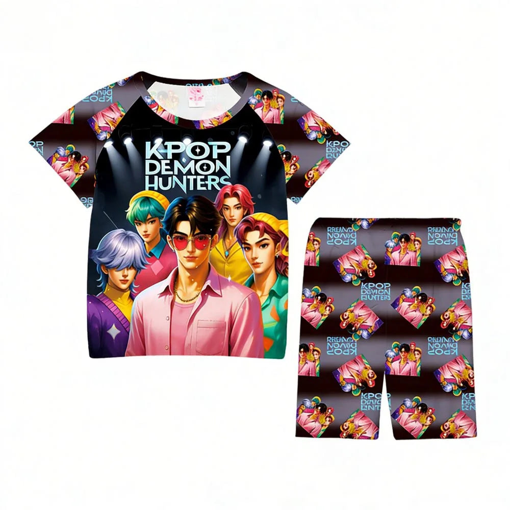 Conjuntos de pijamas para niñas, pijamas de verano para niños pequeños de 3 a 8, 10, 11 y 12 años, Kpop Demon Hunters, camisetas y pantalones cortos, conjunto de pijamas de dos piezas