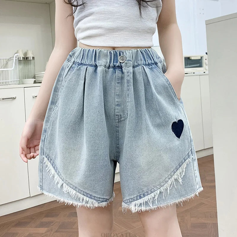 Pantalones cortos de verano a la moda para niñas, pantalones cortos vaqueros informales con corazón, pantalones vaqueros hasta la rodilla para niños de 5 6 7 8 9 10 11 12 13 14 años
