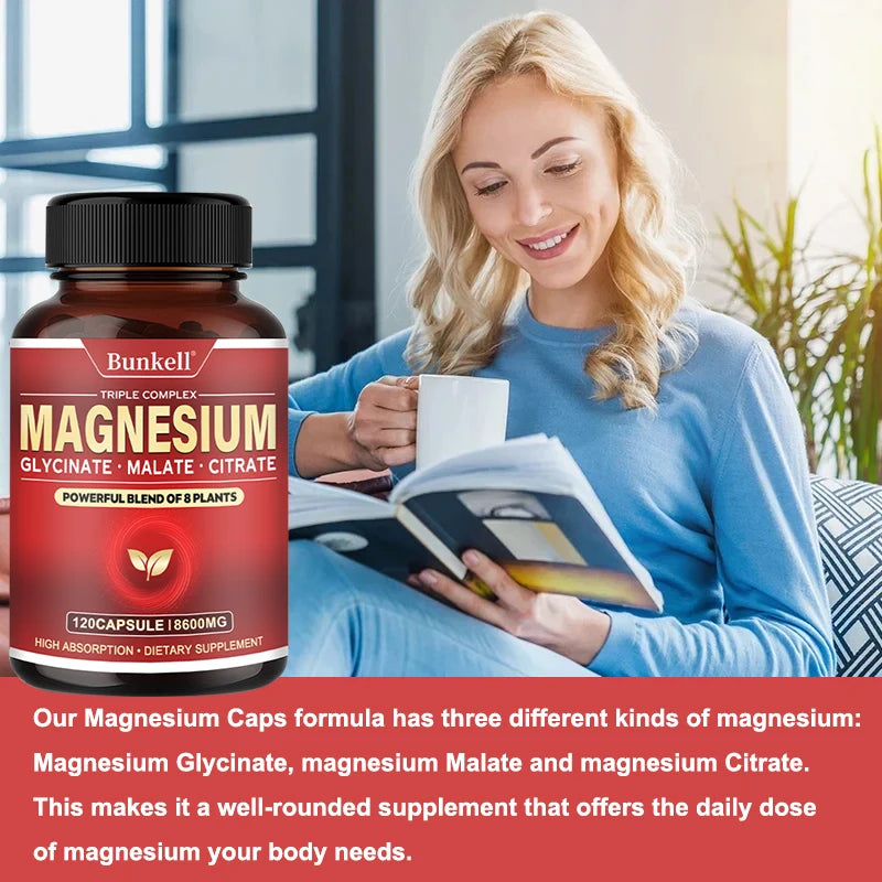Complejo de magnesio - Glucinado de magnesio, malato, cítrato - Promueve energía y sueño, salud ósea, sin gluten ni OGM