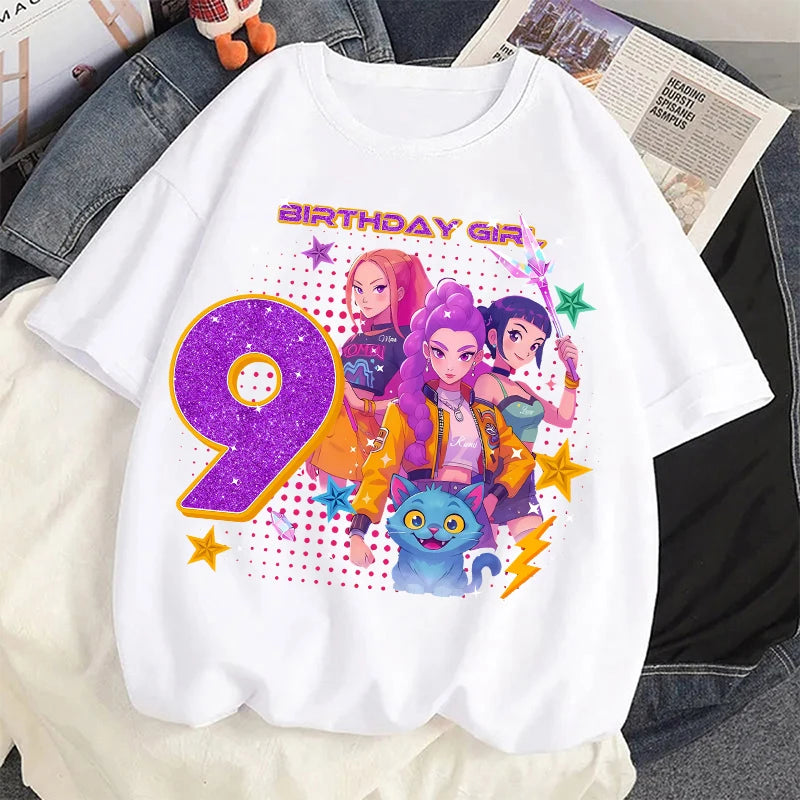 Nueva camiseta K Pop Demon Huntersd para niños, camisetas con estampado de números de cumpleaños de dibujos animados, camisetas de manga corta para niñas, ropa para niños