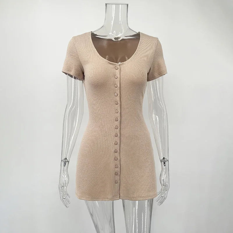 Vestido Mini de Punto Tornova para Mujer, Cuello en V, Botones, Elegante, Manga Corta, Alta Elasticidad, Casual, Verano 2026