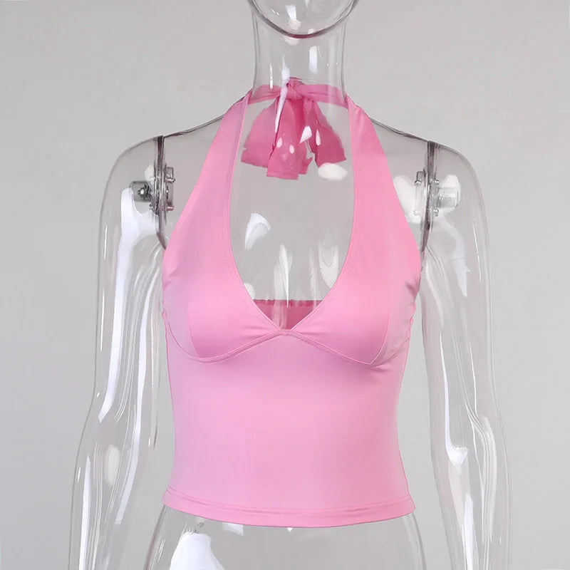Camiseta sin mangas con cuello en V para mujer, Top Sexy con espalda descubierta, rosa, corsé