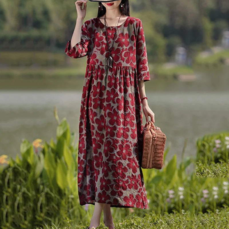 Vestido Floral Vintage mujer 2025 ZANZEA otoño Vestidos largos bohemios Casual manga larga Maxi Vestidos bata suelta Mujer de gran tamaño