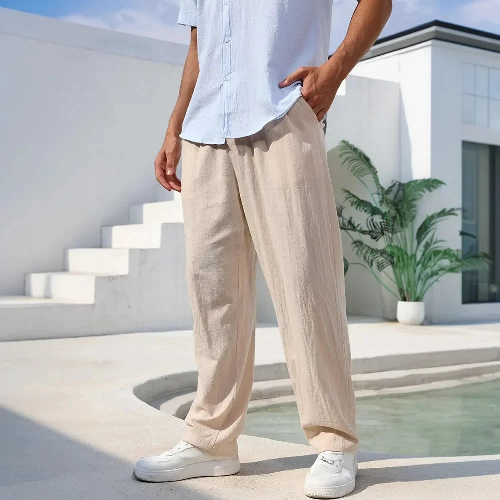 Pantalón de algodón para hombre, corte recto, ligero, transpirable, cómodo, estilo playero, color liso, pantalón deportivo
