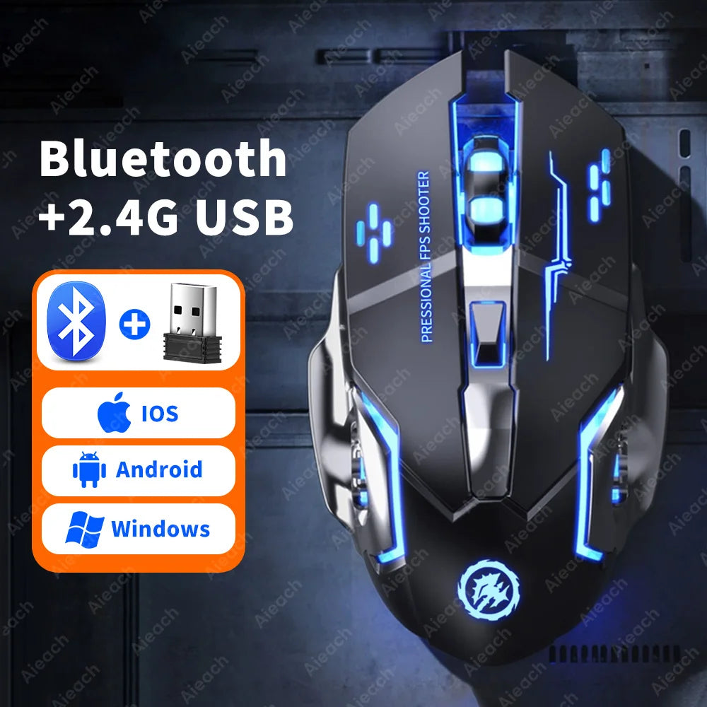 Ratón inalámbrico para juegos Bluetooth 2,4g USB recargable ergonómico diseño de retroiluminación mecánica para ordenador portátil PC Gamer