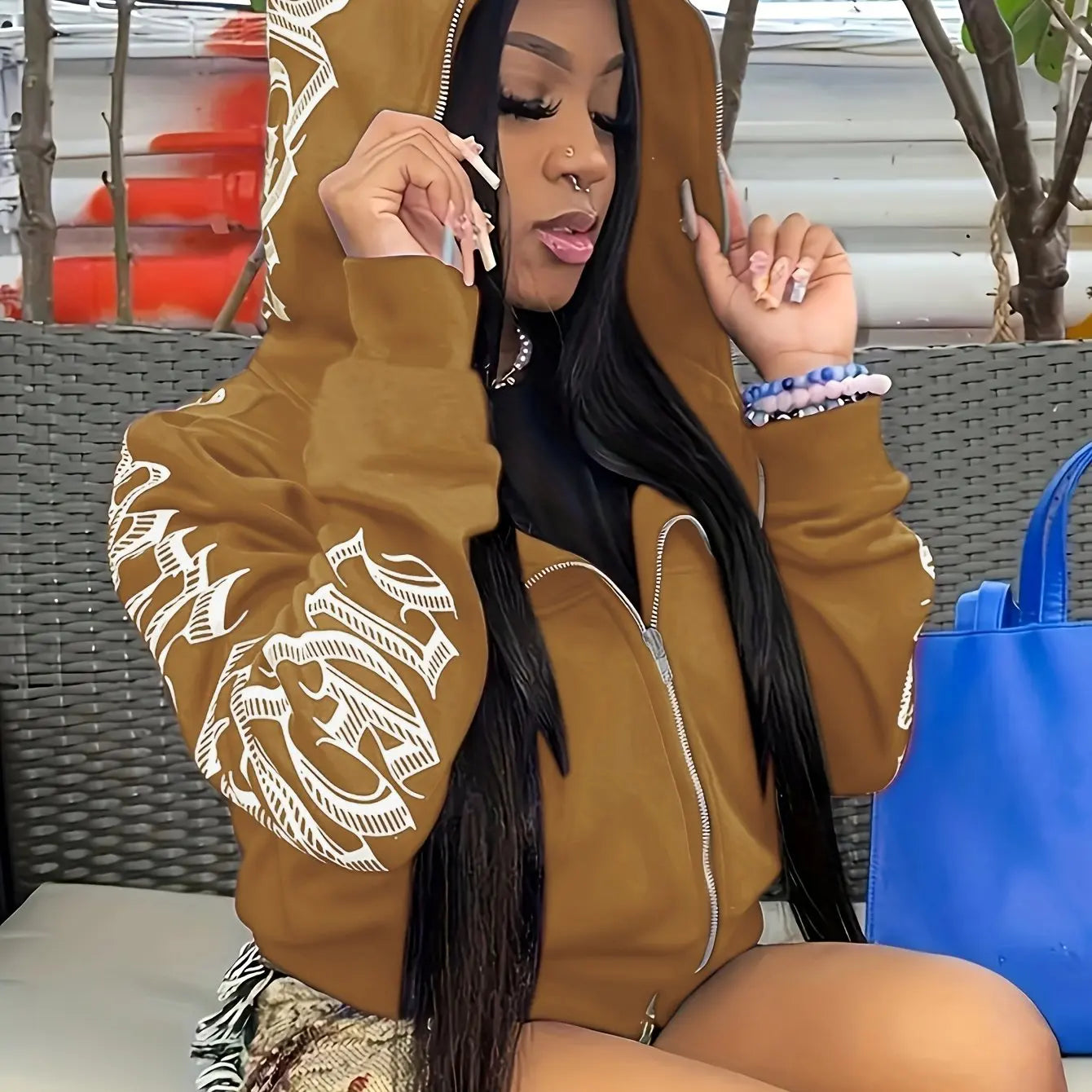 Sudaderas con capucha y cremallera de manga larga con estampado de letras, sudadera punk gótica Cyber Y2K, ropa de mujer