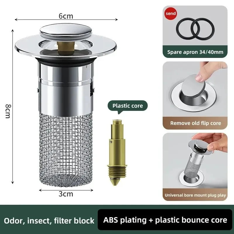 Tapón de fuga para lavabo de acero inoxidable con núcleo rebotante antiolor, tapón de desagüe a presión para fregadero, accesorio universal para lavabo, instalación fácil, anti‑catarata, duradero, premium topplus 202