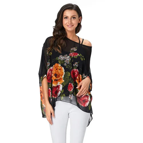 Novedad 2015 de mini vestidos casuales de gasa con estampado de flores para señoras, vestidos estilo bohemio con manga de murciélago en tallas grandes 4XL 5XL 6XL
