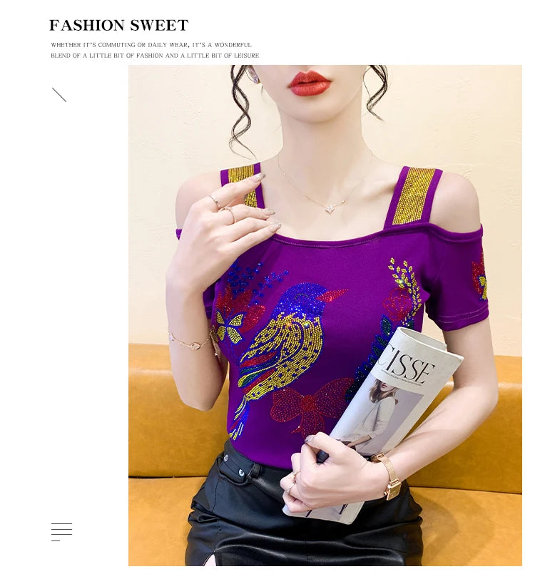 Ropa de calle europea, camiseta de marca para mujer, camisetas ajustadas de manga corta elegantes con diamantes brillantes para mujer