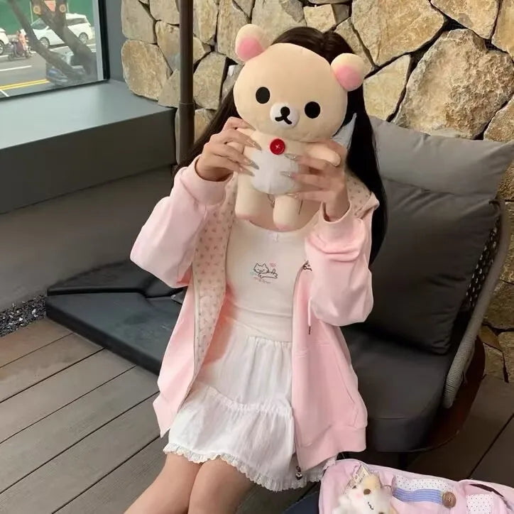 Abrigo con capucha Harajuku coreano Kawaii para mujer, cárdigan fino de manga larga con cremallera, ropa de calle Y2K, nuevas chaquetas holgadas de longitud media