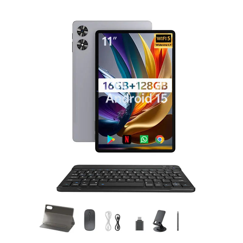 Tableta SVITOO Android 15 2025 de 11 pulgadas, HD IPS, procesador Octa-Core, 16 GB de RAM, 128 GB de ROM, batería expandible de 1 TB, 8000 mAh, WiFi 5, Bluetooth 5.0, GPS, teclado, ratón, lápiz óptico y estuche.