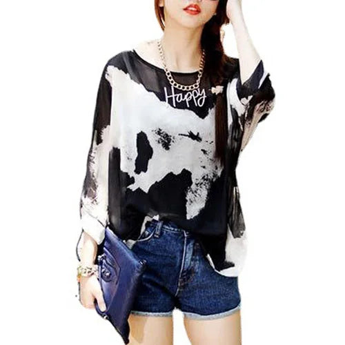 Novedad 2015 de mini vestidos casuales de gasa con estampado de flores para señoras, vestidos estilo bohemio con manga de murciélago en tallas grandes 4XL 5XL 6XL