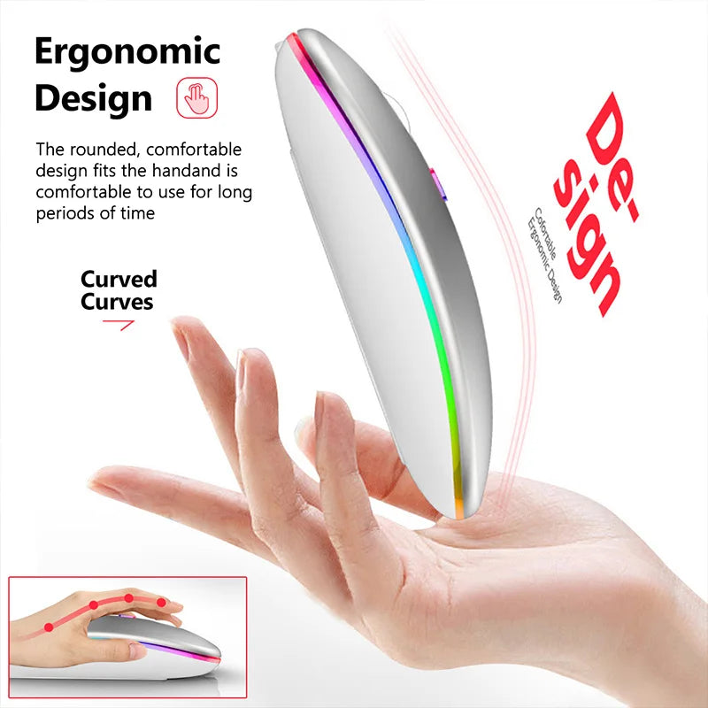 Ratón inalámbrico para ordenador portátil y PC, periférico silencioso con retroiluminación LED, ergonómico, recargable por RGB, Bluetooth