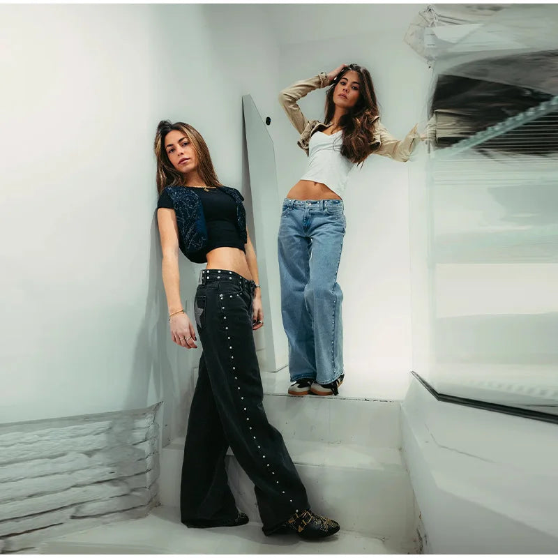 Pantalones vaqueros elegantes con decoración de perlas para mujer, pantalones de pierna ancha de cintura alta, ropa de calle nueva de moda, pantalones de lujo 2025