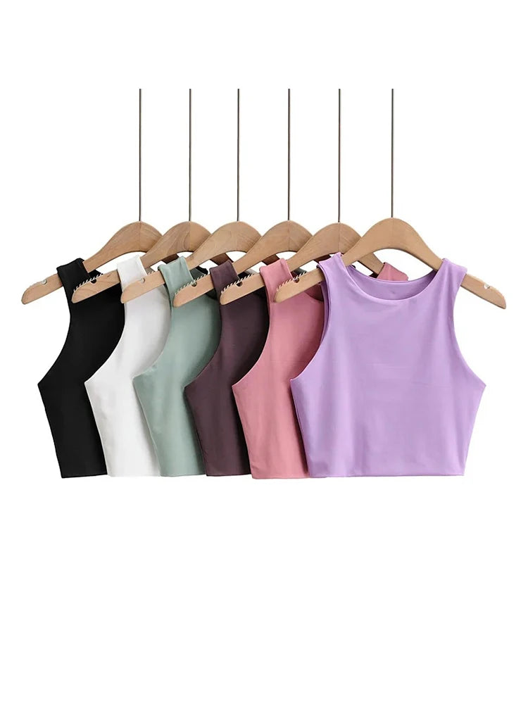 Camisetas ajustadas sexis para mujer, camisetas sin mangas con cuello redondo y doble nailon para mujer, camisetas sin mangas de buena calidad en 6 colores 2023