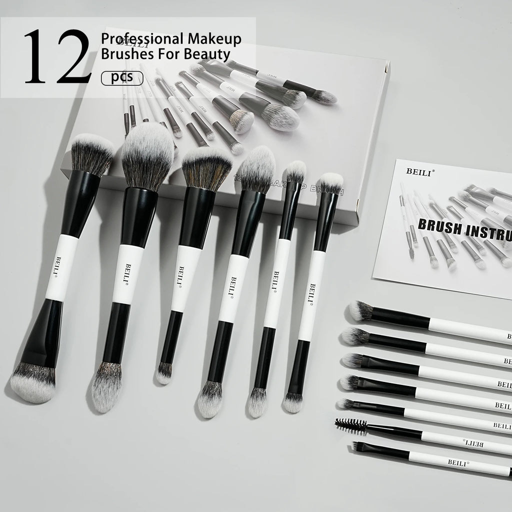 BEILI-Juego de brochas de maquillaje de doble punta, profesional, 12 Uds., contorno vegano, base en polvo, bronceador de cejas, Kit de cosméticos