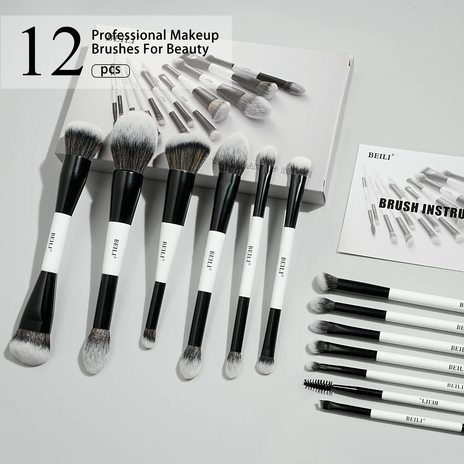 BEILI-Juego de brochas de maquillaje de doble punta, profesional, 12 Uds., contorno vegano, base en polvo, bronceador de cejas, Kit de cosméticos