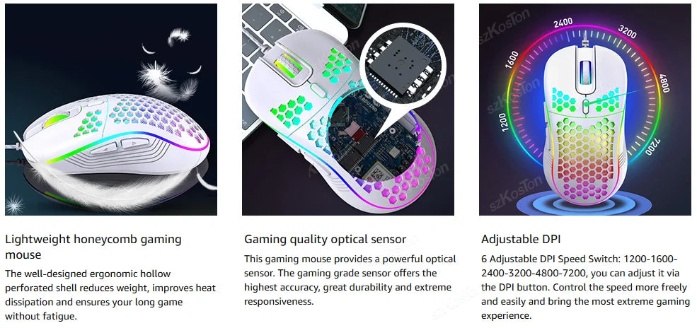 Mouse Gamer con Cable Honeycomb, Retroiluminación RGB, 7200 DPI Ajustables, Ergonómico, USB, para PC con Windows y Gamers de Laptop