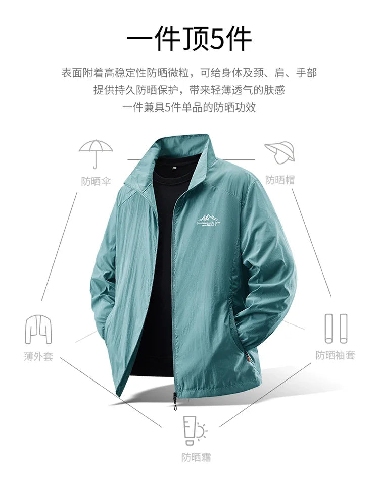 2025 Chaqueta de protección solar de verano para hombre, ultraligera, fina, agradable a la piel, transpirable, a prueba de rayos UV, abrigo protector solar de seda helada para pesca