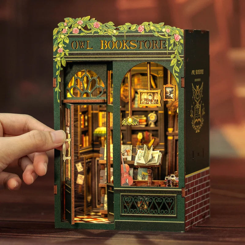 CUTEBEE-Kit de rincón de libros DIY, casa de muñecas en miniatura con inserto de estantería de madera ligera, decoración de librería Retro para regalos, serie de librería