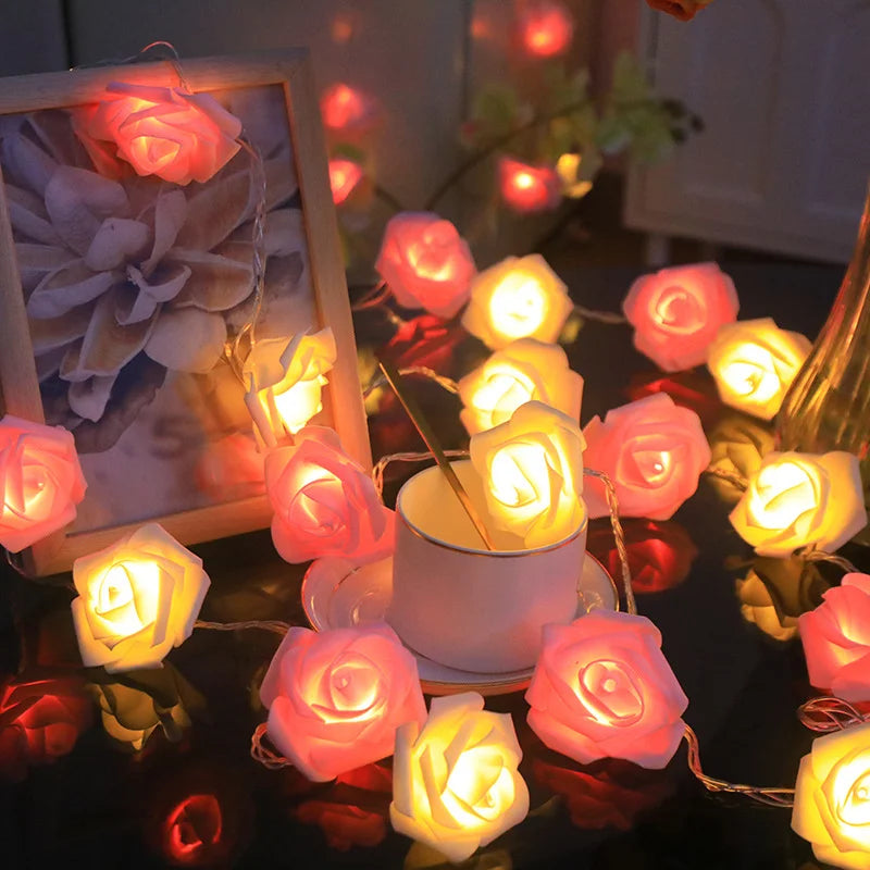 Guirnalda de Luces LED de 3m con 20 Rosas Artificiales, Funciona con Pilas, Decoración para Bodas, Habitaciones, Ramadán, Regalos para el Día de la Madre