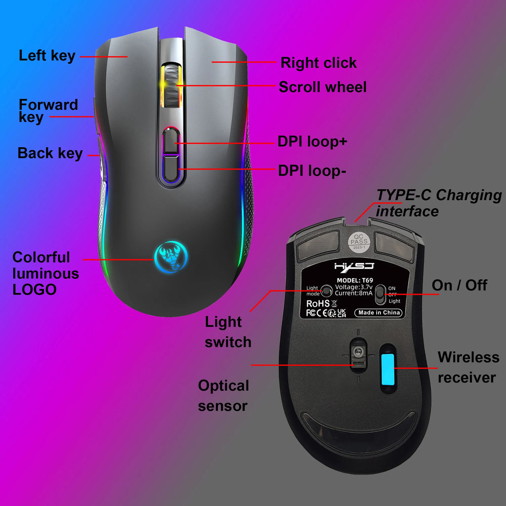Ratón para juegos RGB inalámbrico recargable 2,4G, ratón retroiluminado ergonómico para juegos para ordenador portátil y PC