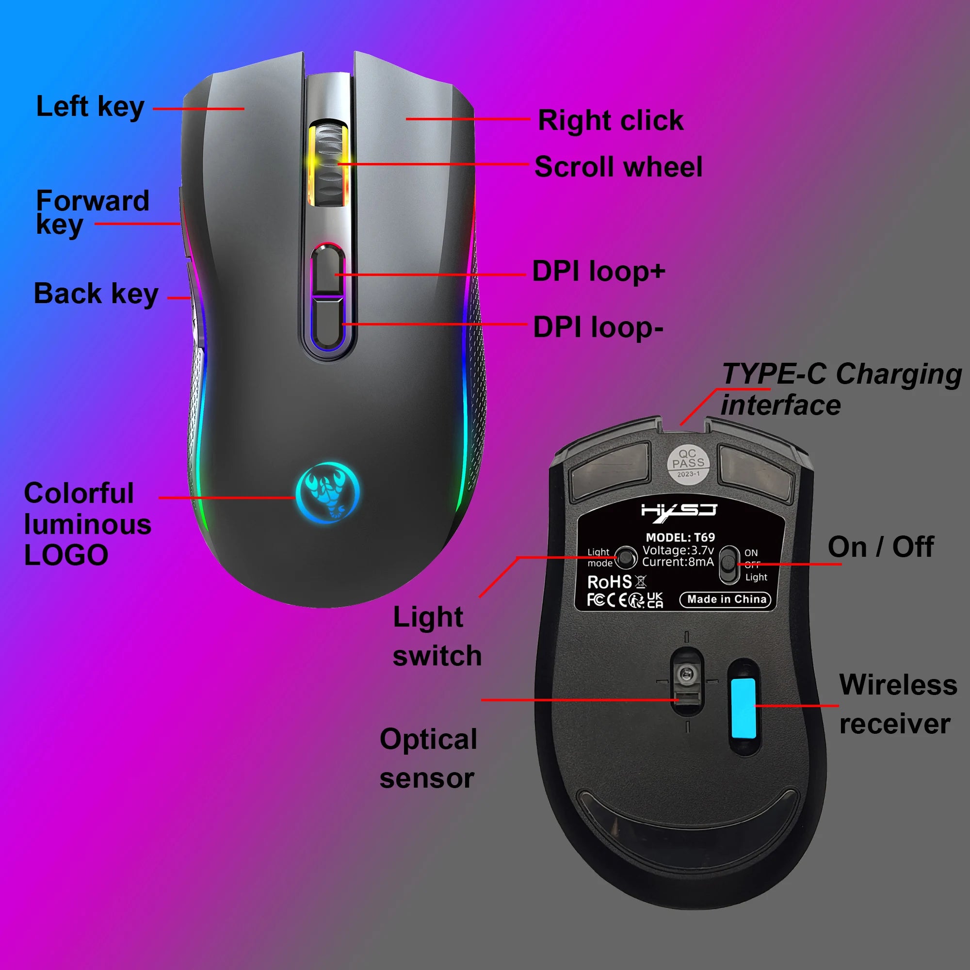 Ratón para juegos RGB inalámbrico recargable 2,4G, ratón retroiluminado ergonómico para juegos para ordenador portátil y PC