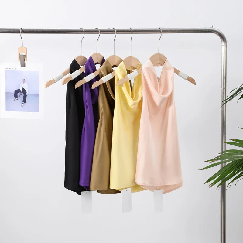 Vestido sin mangas con cuello colgante para mujer, vestido liso de satén con espalda descubierta, vestidos informales de oficina con tirantes finos, nueva Suite de primavera 2025