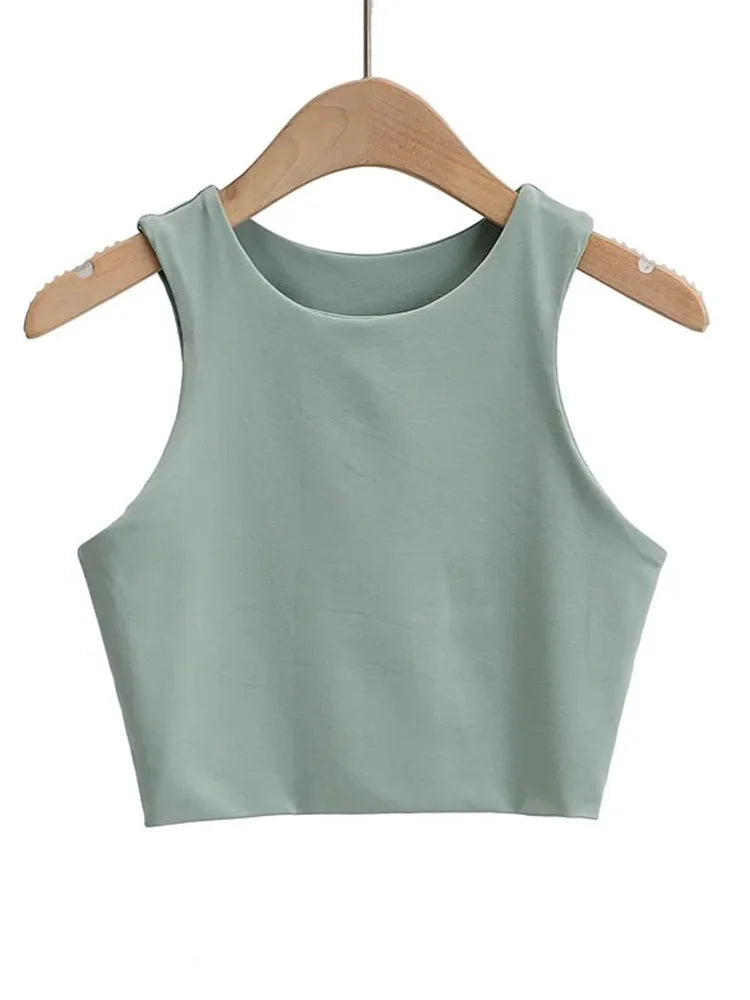 Camisetas ajustadas sexis para mujer, camisetas sin mangas con cuello redondo y doble nailon para mujer, camisetas sin mangas de buena calidad en 6 colores 2023